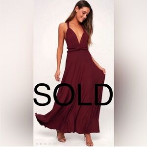 Lulus Tricks of the Trade Burgundy Convertible Jersey Rayon Maxi Dress Gown S M